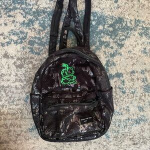 Black Sequin Mini Backpack with Green Dragon